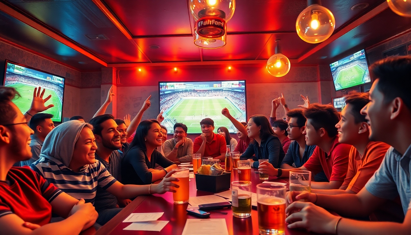 Fans enjoying an exhilarating football match at a situs judi bola, showcasing intense excitement and camaraderie.