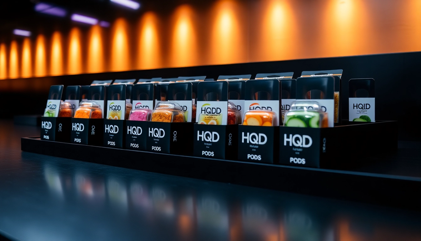 Explore HQD Pods in vibrant colors showcasing their unique flavors on a sleek surface.