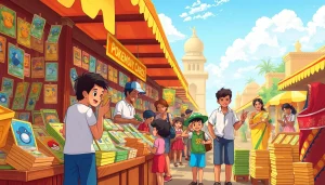 Discover Pokemon cards India in a bustling marketplace full of colors and trading excitement.