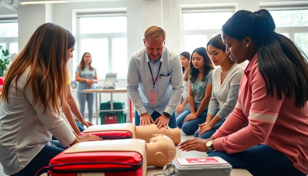 Participants learning CPR first aid aed techniques during a hands-on training session.