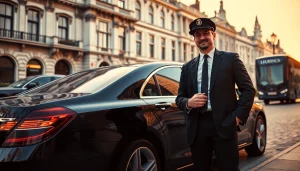 Professional london chauffeur next to a luxury car against iconic London architecture.