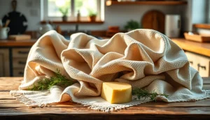 Kaasdoek tonen met verschillende texturen op een rustieke tafel.