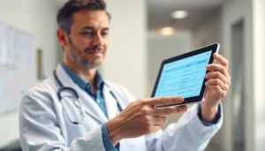 Doctor using eprescribing software for doctors on a tablet in a modern medical office.