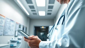 Utilize eprescribing software for doctors with a professional doctor in a modern medical office.