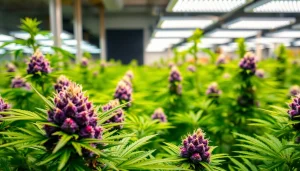 Showcasing Miami Runtz strain in a vibrant cannabis grow room with colorful buds and lush green plants.