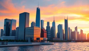 Architekturvisualisierung eines modernen Stadtbildes mit ansprechender Sunset-Szenerie.
