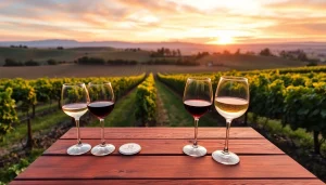 Enjoying wines at Sacramento Wineries with a picturesque vineyard backdrop in golden hour light.